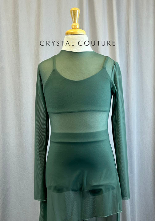 Custom Sage Green Bra Top and Brief with Diagonal Mesh Overlay Dress -Hairpiece