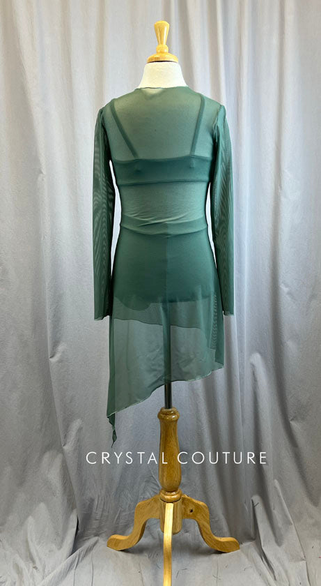 Custom Sage Green Bra Top and Brief with Diagonal Mesh Overlay Dress -Hairpiece