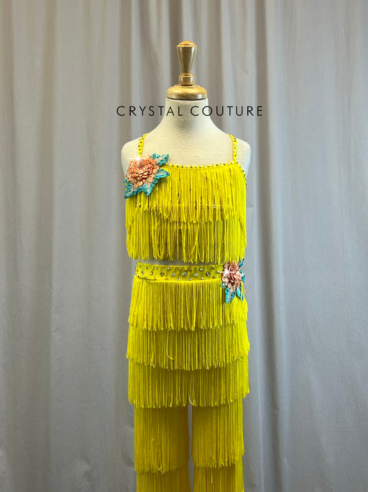 Yellow Fringe Bra Top and Pants Set -Rhinestones, Appliques, Hairpiece