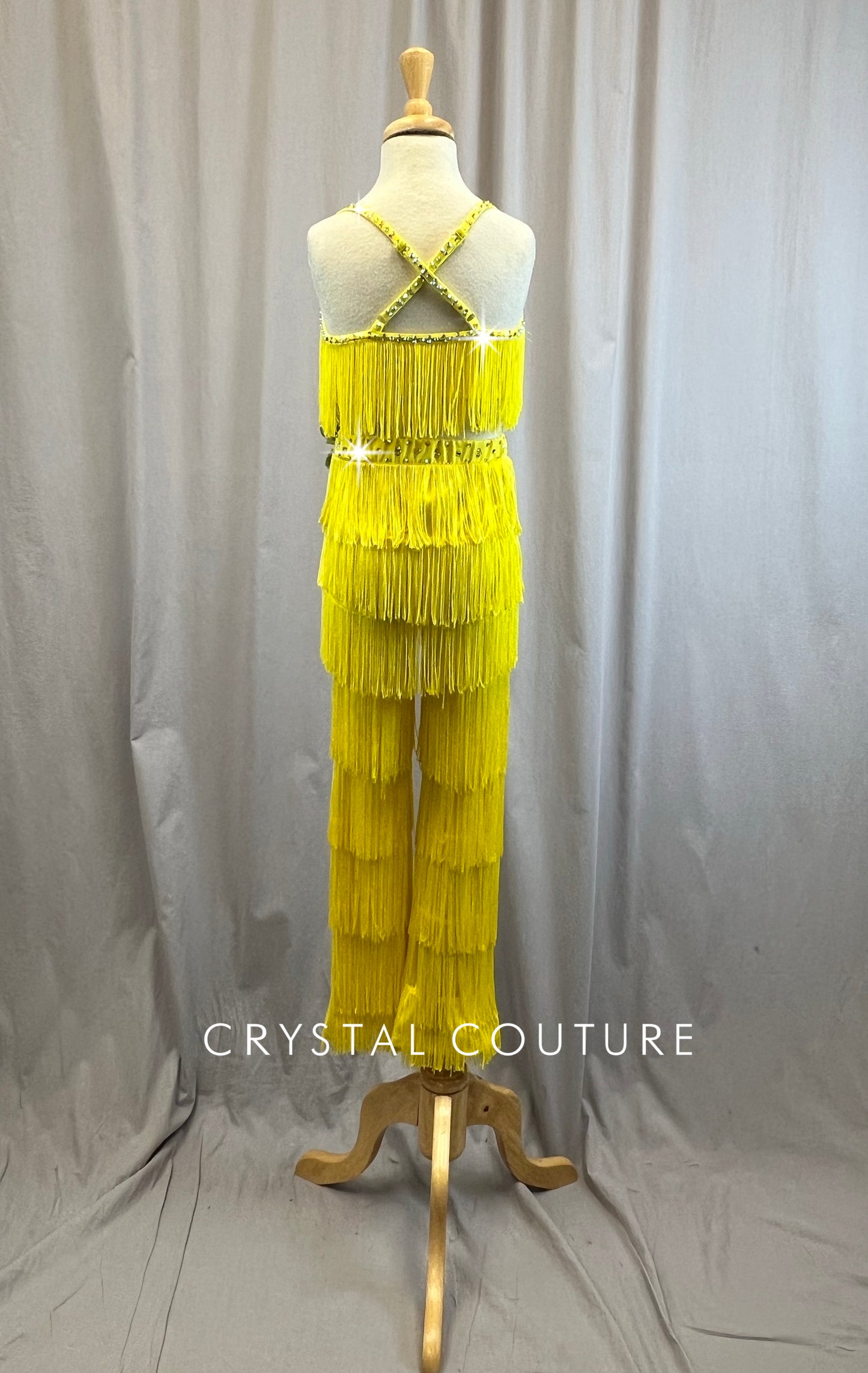 Yellow Fringe Bra Top and Pants Set -Rhinestones, Appliques, Hairpiece
