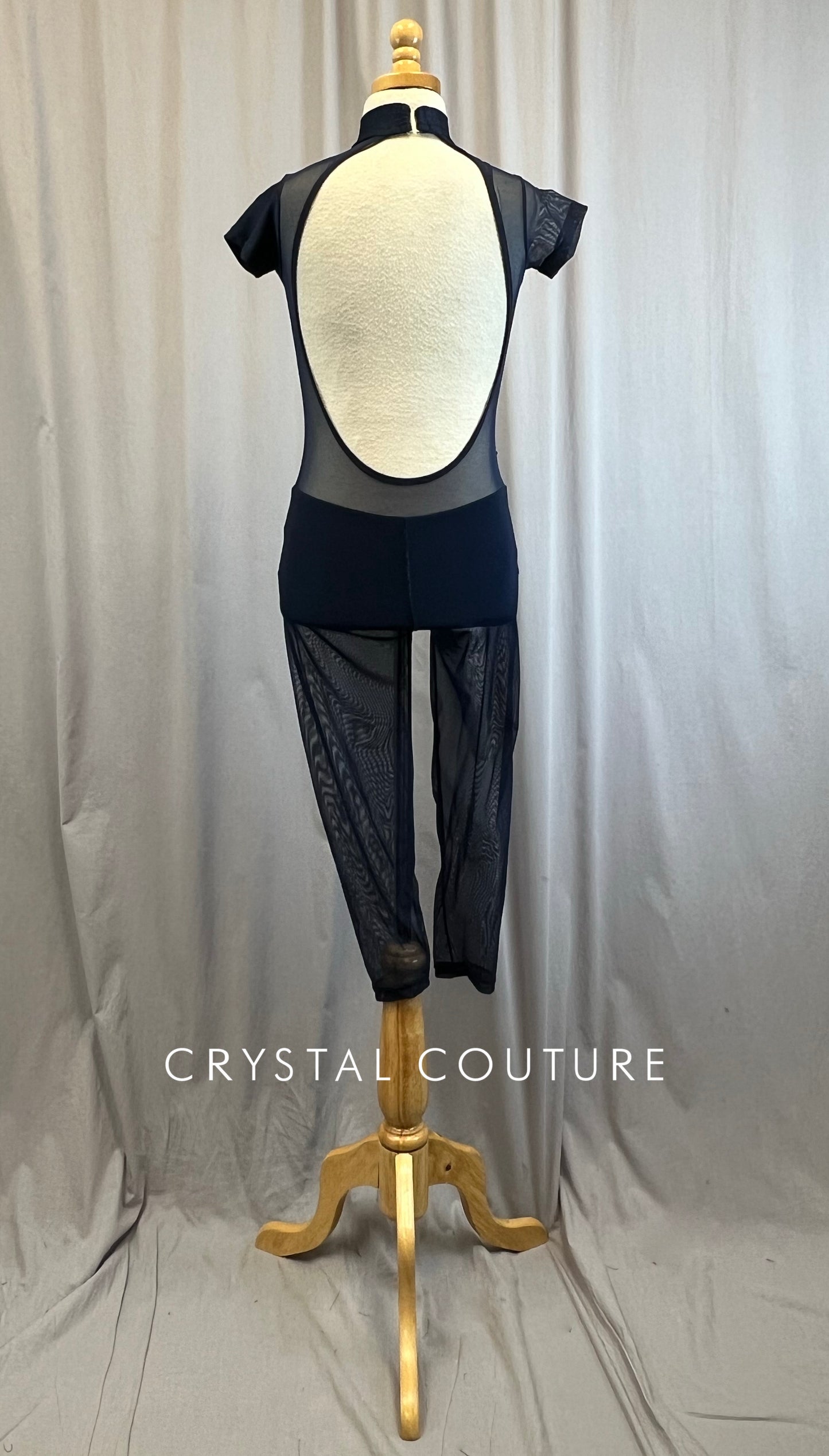 Navy Mesh Cutout Cap Sleeve Unitard -Rhinestones, Hairpiece
