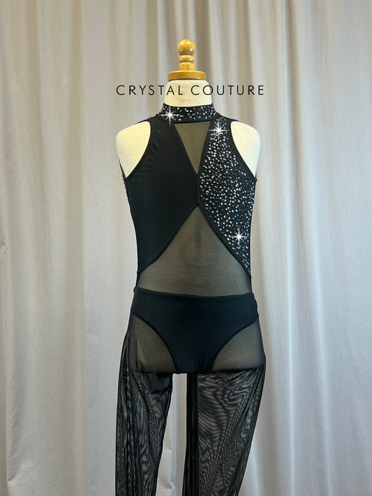 Black Mesh Cut Out Unitard -Rhinestones, Hairpiece