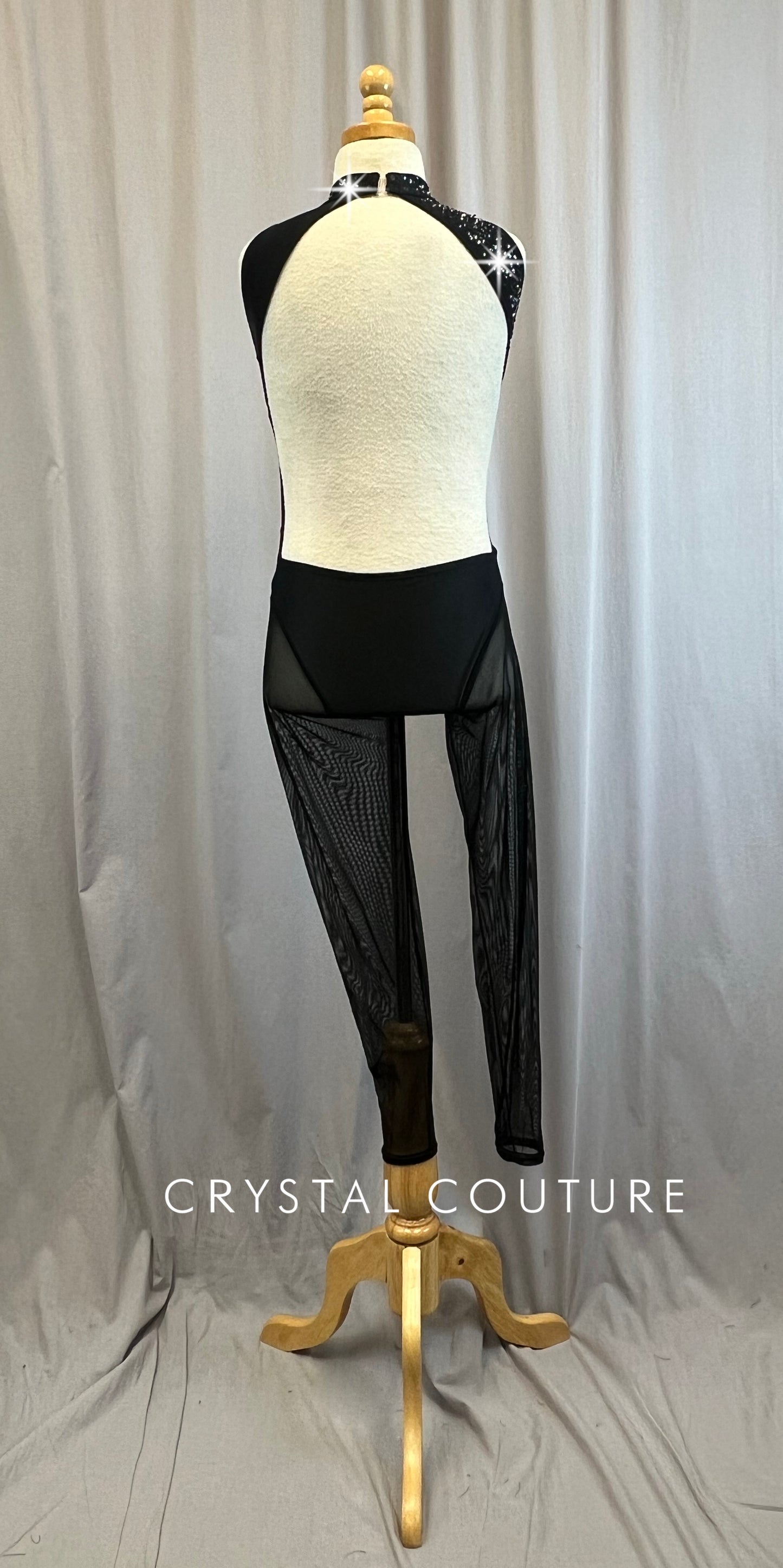 Black Mesh Cut Out Unitard -Rhinestones, Hairpiece