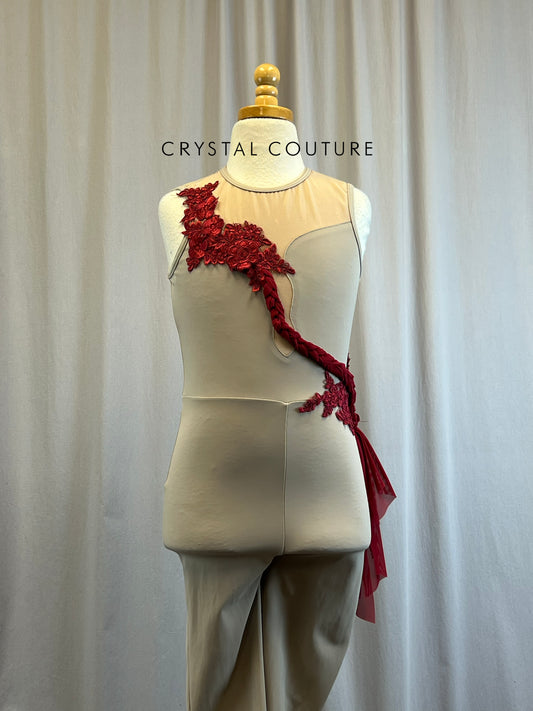 Taupe Unitard with Red Trim -Appliques, Hairpiece