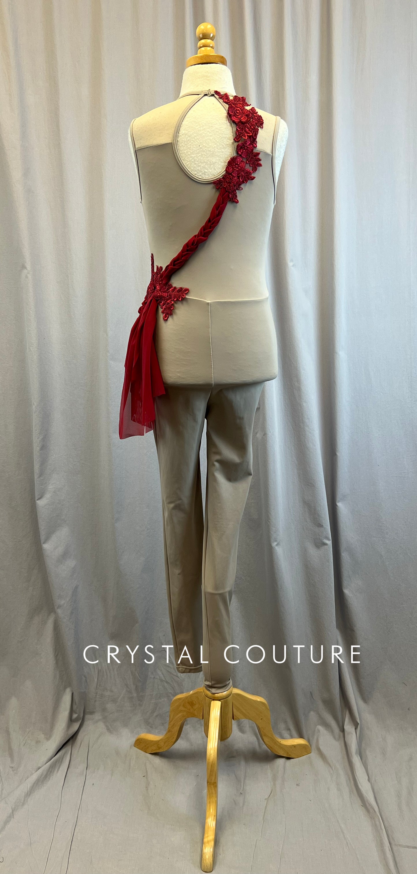 Taupe Unitard with Red Trim -Appliques, Hairpiece