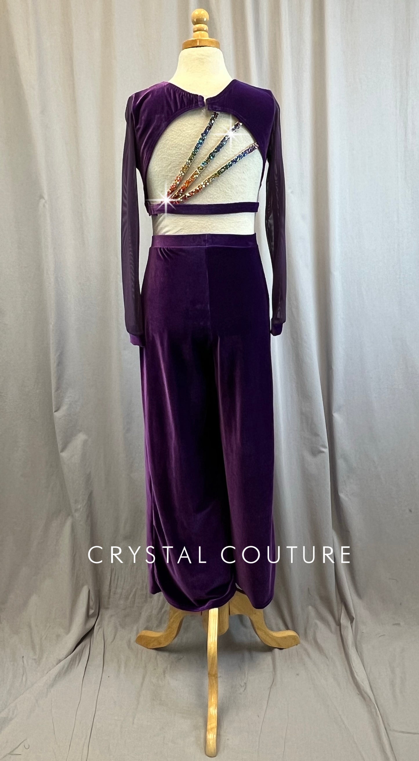 Custom Purple Velvet Rainbow Long Sleeve Crop and Pant Set -Rhinestones, Hairpiece