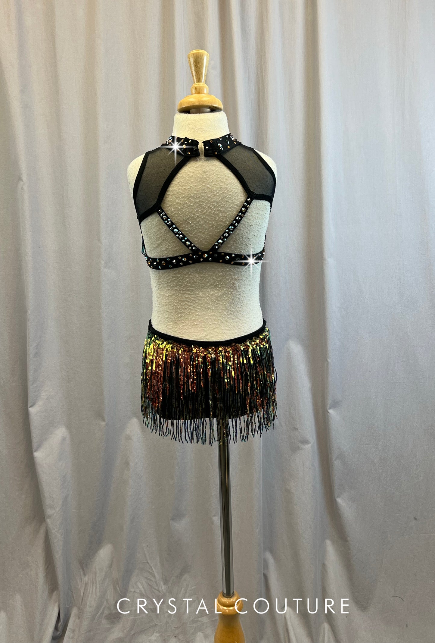Custom Black leotard with Metallic Orange and Green Shifting Fringe- Rhinestones