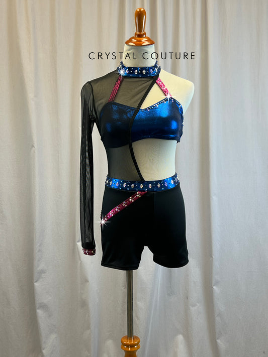 Custom Black, Blue, and Pink One Sleeve Unitard- Rhinestones