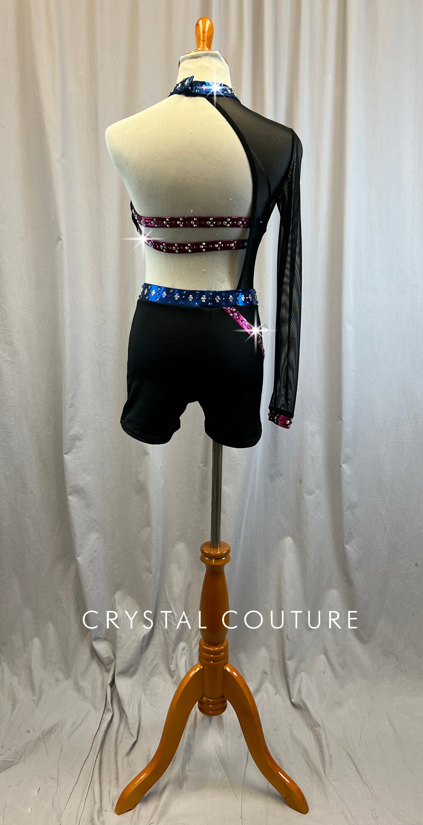 Custom Black, Blue, and Pink One Sleeve Unitard- Rhinestones