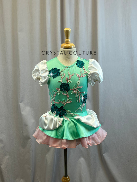 Custom Teal, White and Pink Puff Sleeve Dress- Rhinestones