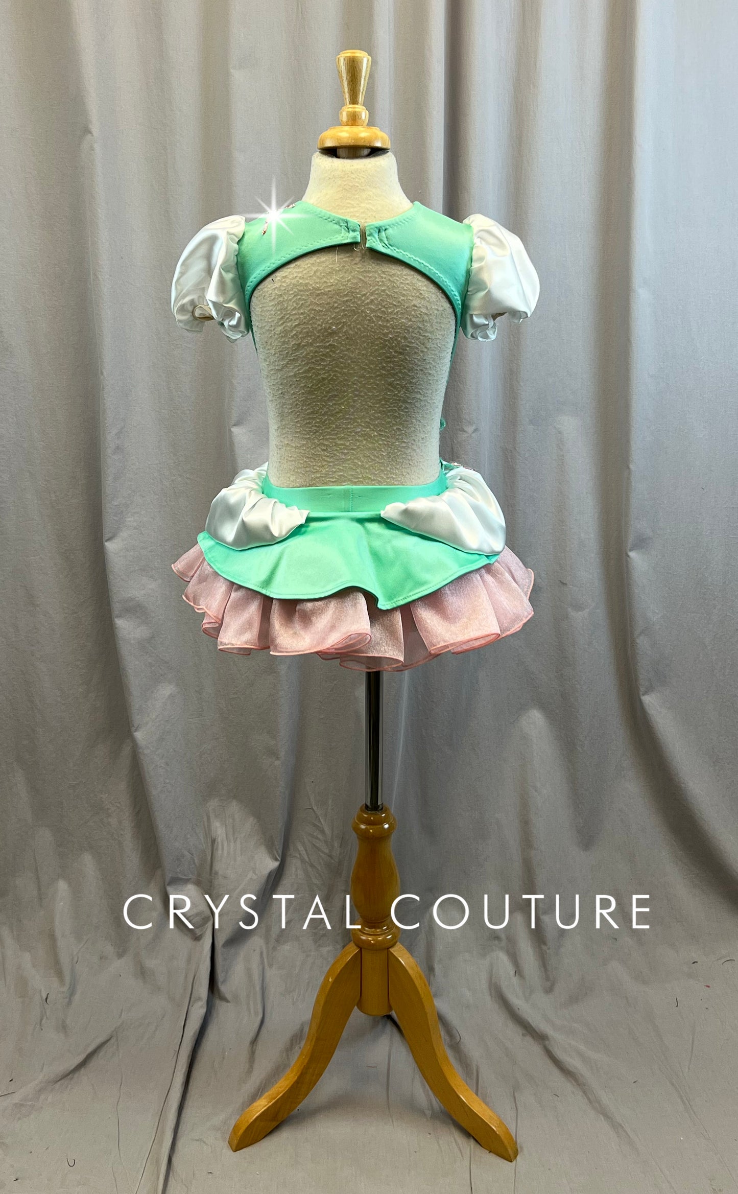 Custom Teal, White and Pink Puff Sleeve Dress- Rhinestones