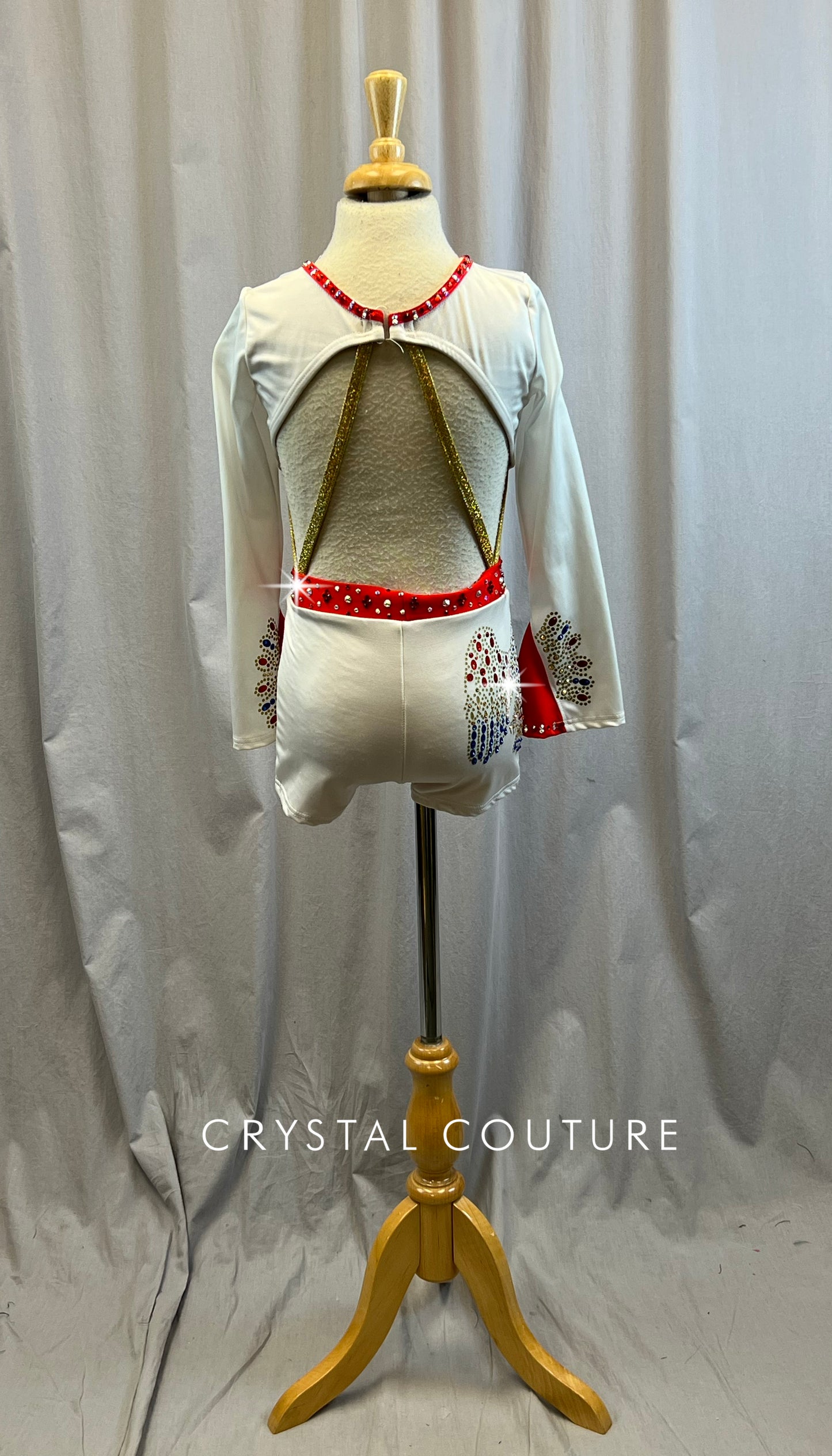 Custom Elvis Inspired White with Red and Gold Accents, Long Sleeve Biketard- Rhinestones