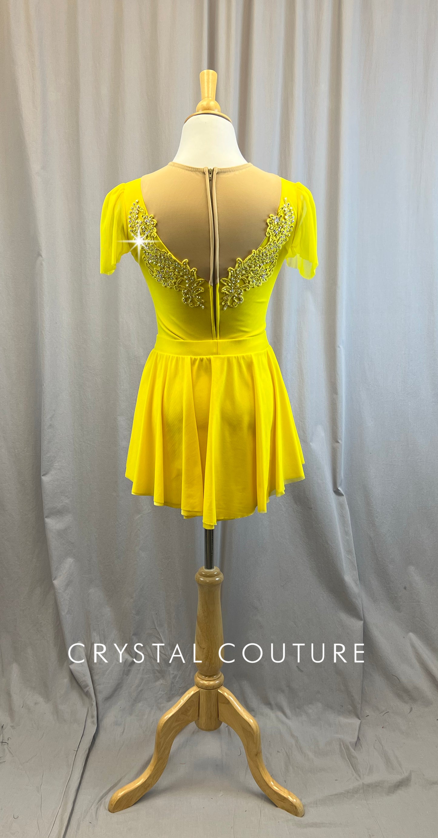 Custom Yellow Short Sleeve Dress with Pleated Skirt- Rhinestones