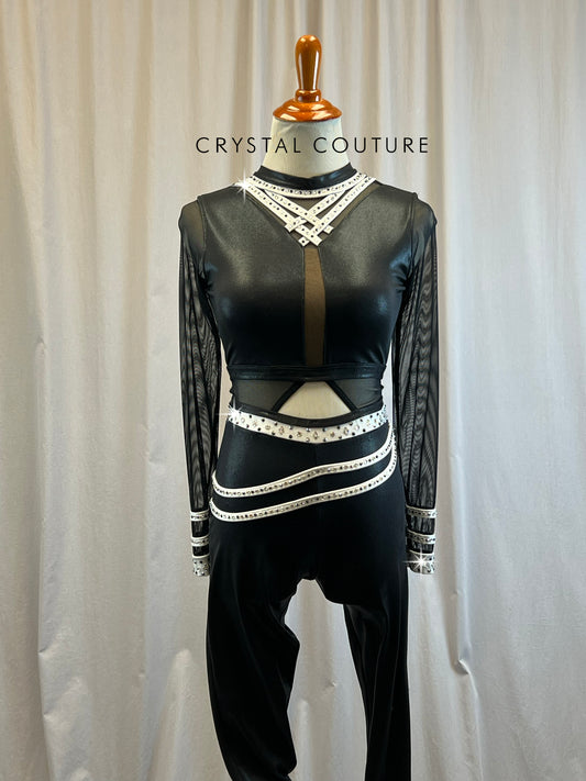 Custom Black Long Sleeve Unitard with Mesh and White Strap Detailing- Rhinestones - Accessories