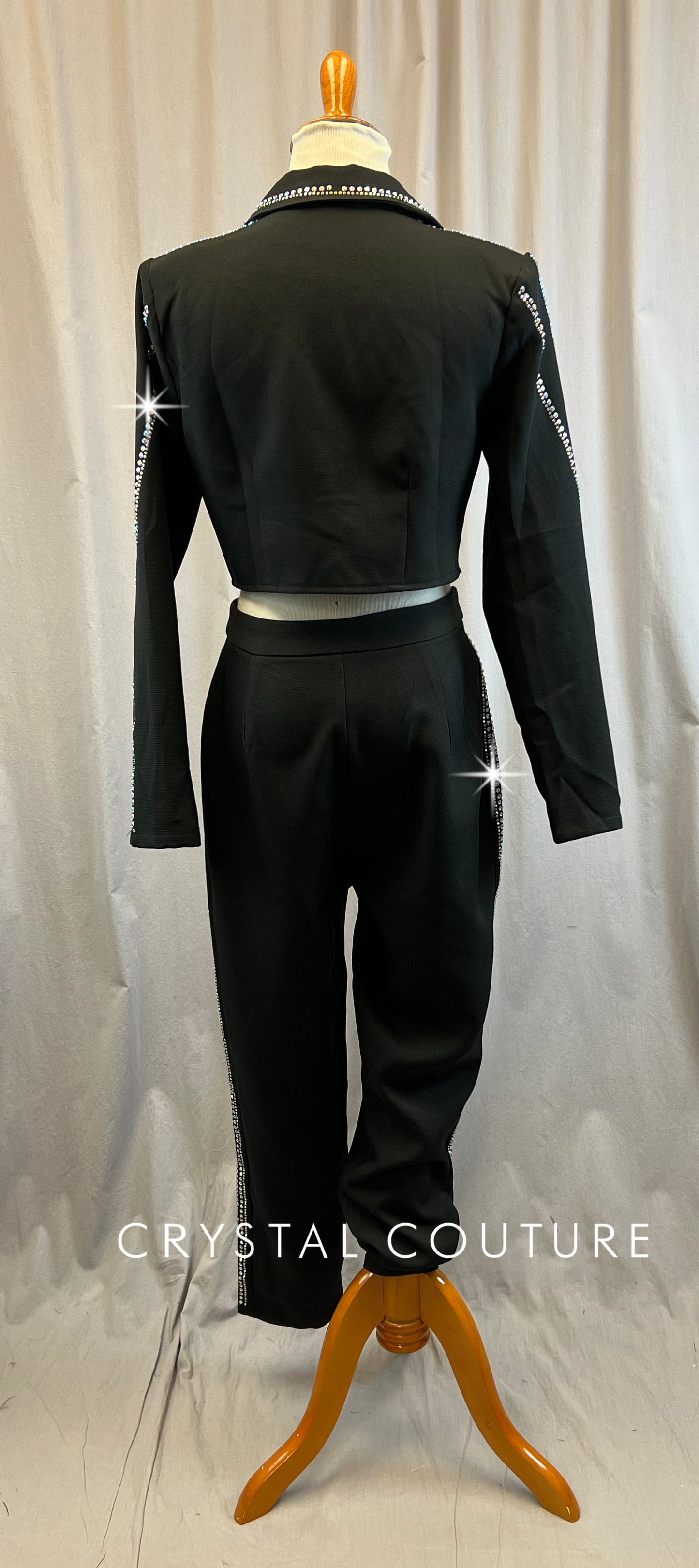 Black Zip Front Two-Piece Pant Suit- Rhinestones