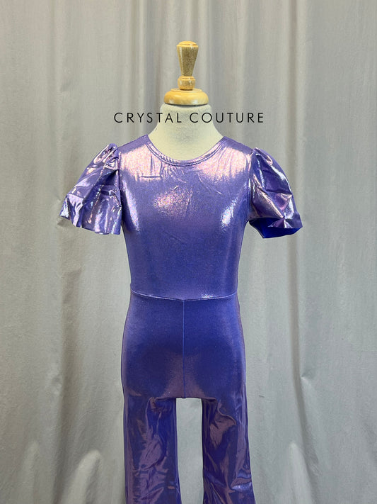 Metallic Purple Flutter Sleeve Flare Unitard