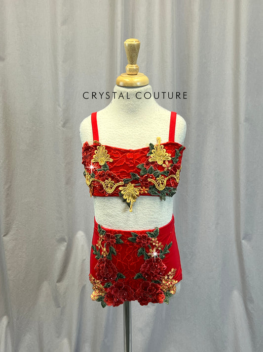 *Brand New* Red Lace Floral Bra Top and Brief Set -Rhinestones, Appliques