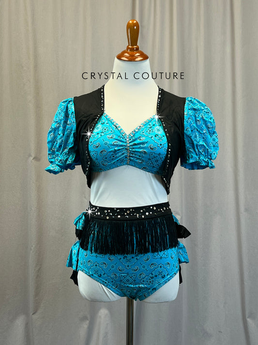 Custom Western Style Top and Brief Set With Vest and Fringe Skirt -Rhinestones
