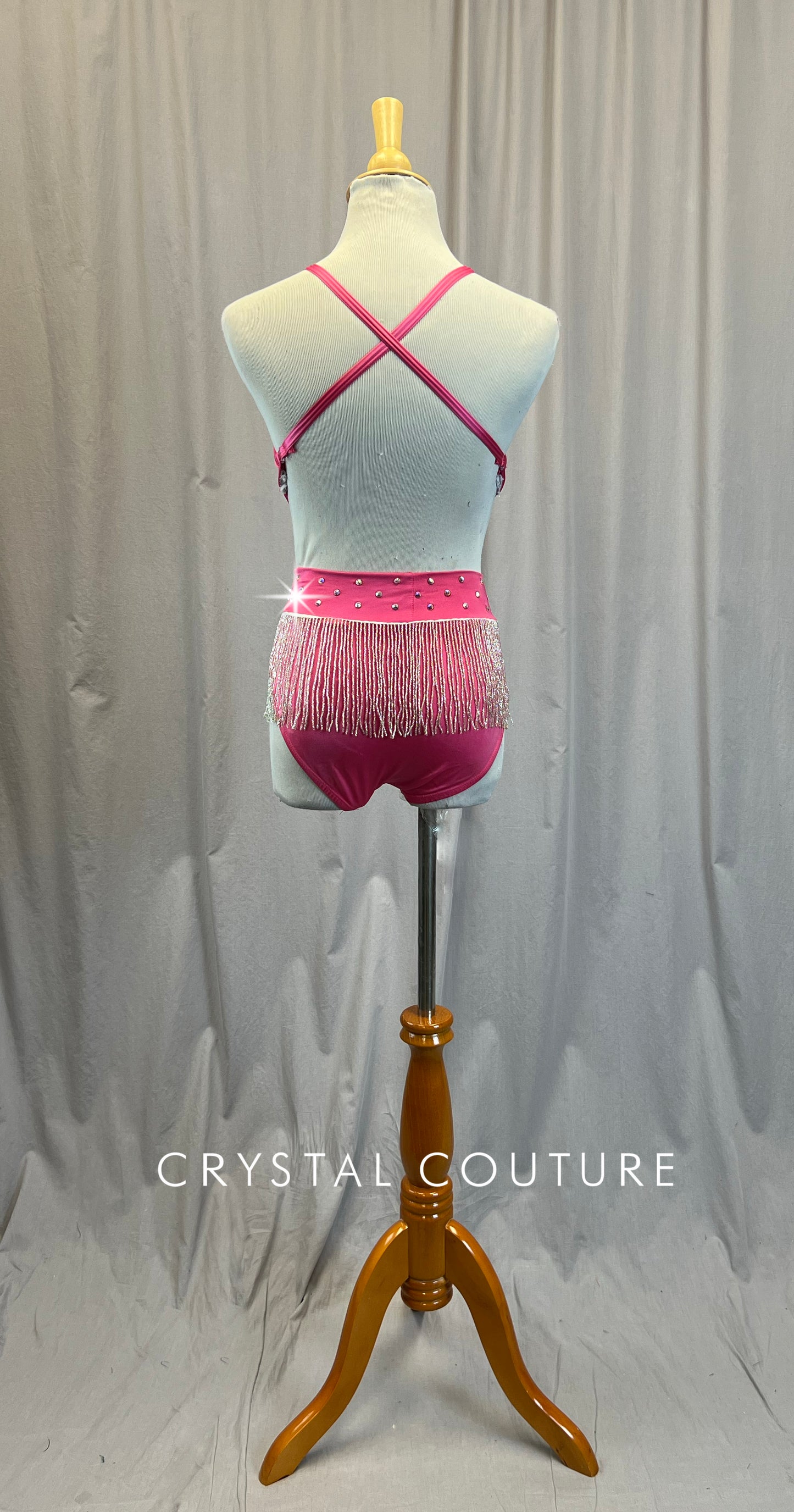 Custom Pink and Silver Mesh Cut Out Stappy Set -Rhinestones, Brooch, Beaded Fringe, Hairpiece
