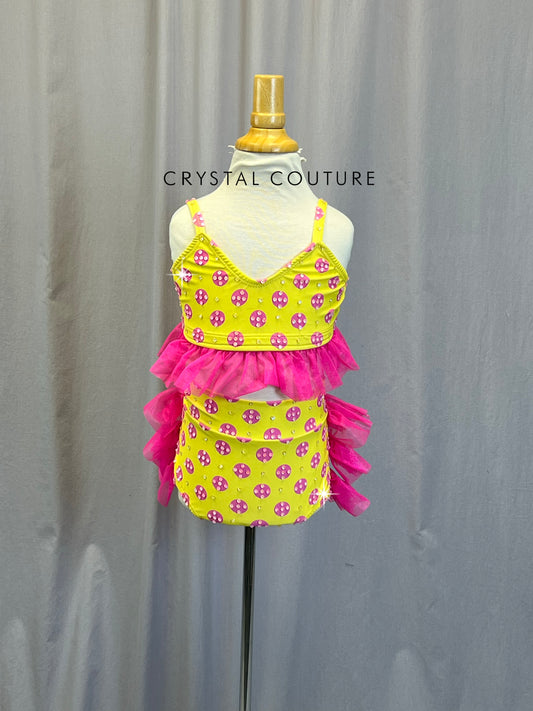 Yellow with Pink Polka Dots Two Piece Set - Rhinestones