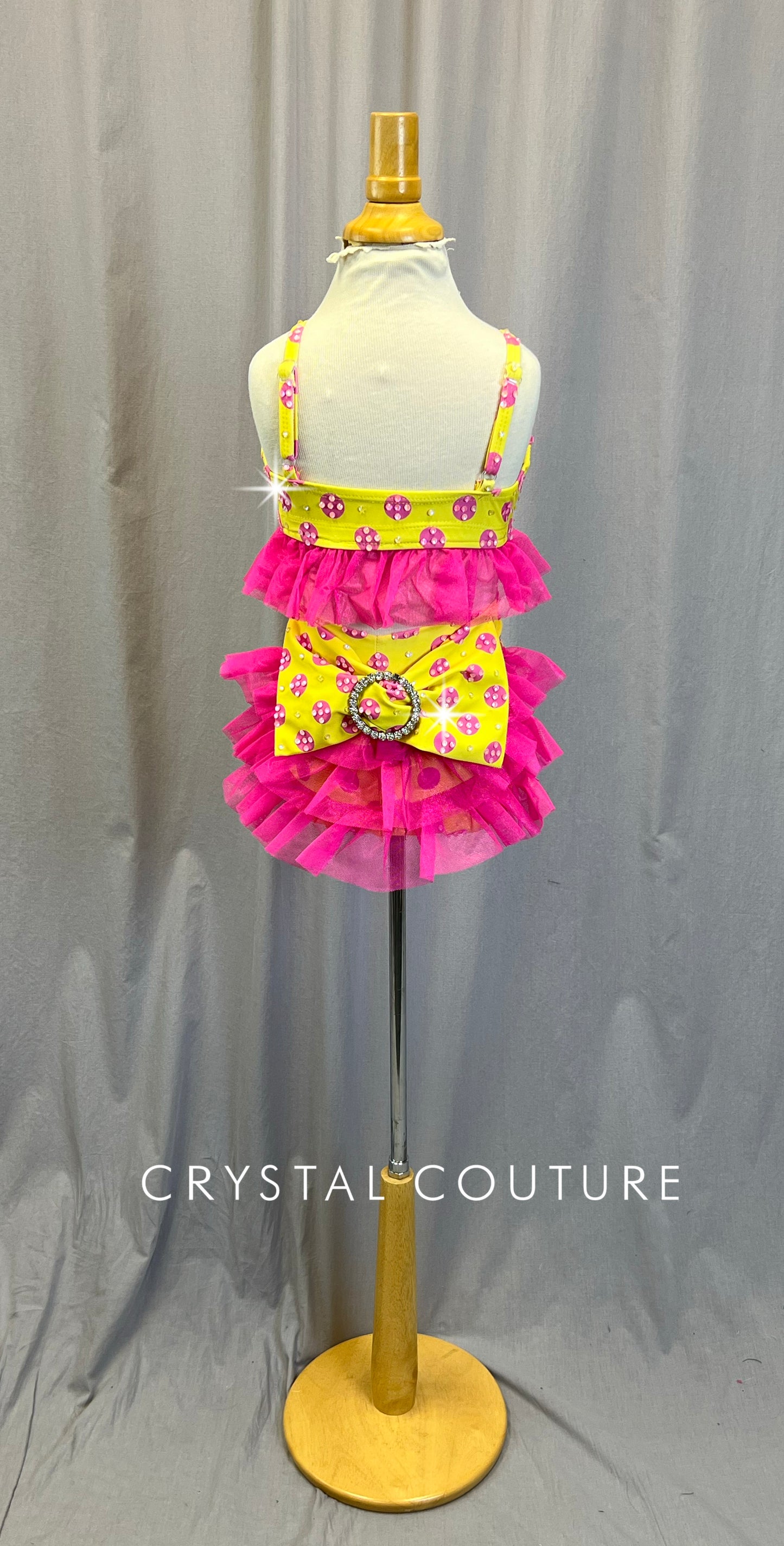 Yellow with Pink Polka Dots Two Piece Set - Rhinestones