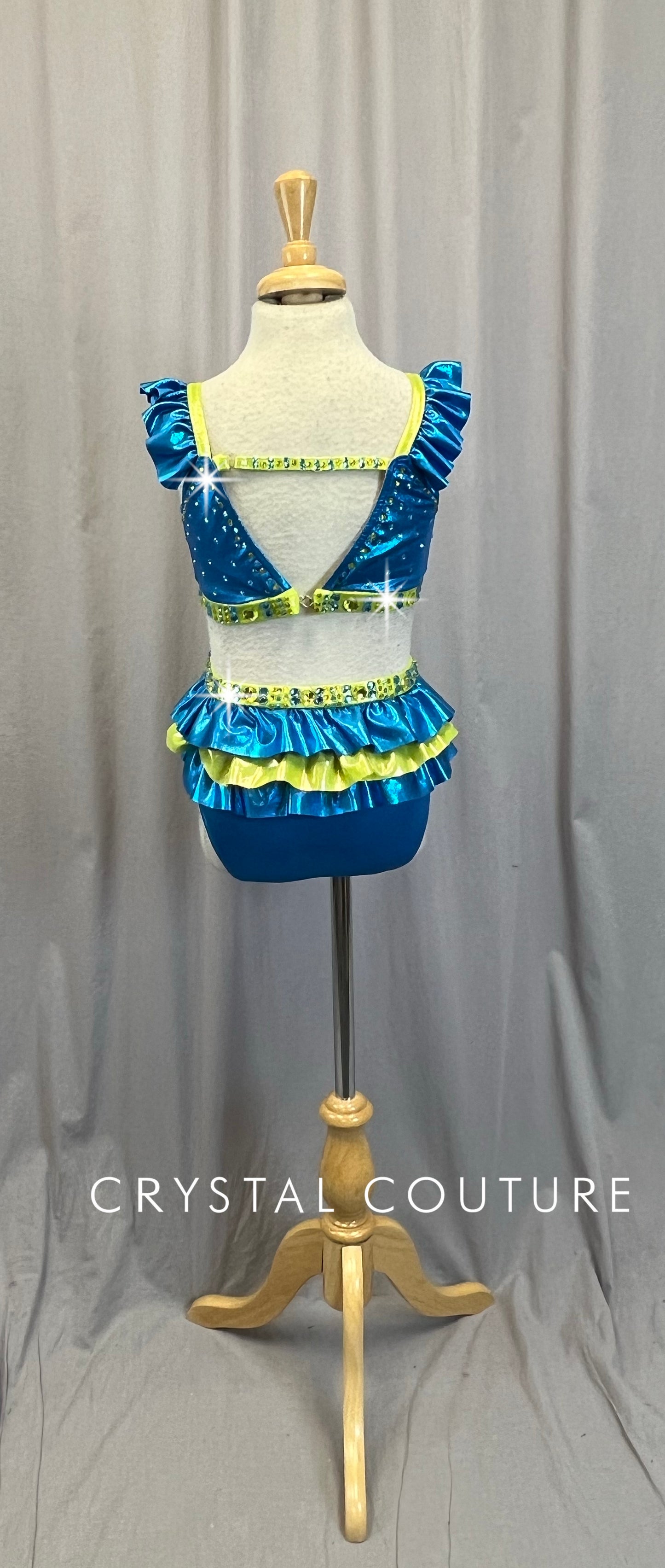 Blue and Green Top and Brief Two Piece - Rhinestones
