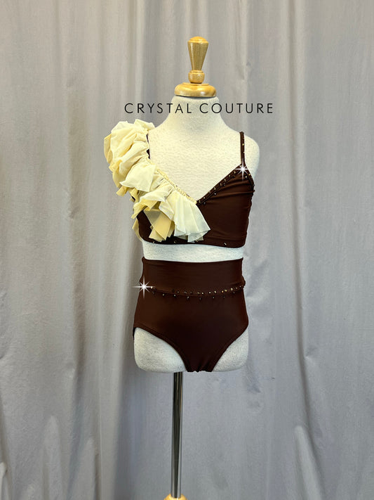 Brown and Ivory Bra Top and Brief Two-Piece - Rhinestones