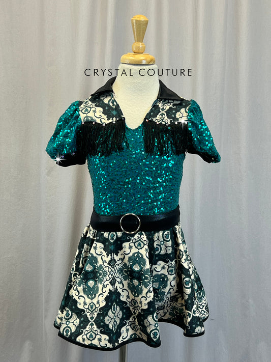 Turquoise, Black, and Cream Western Dress - Rhinestones