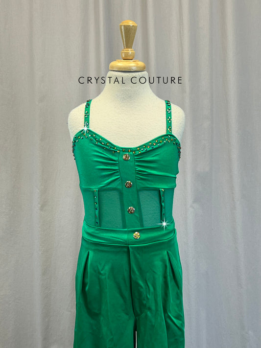 Green Lycra and Mesh Leotard with Buttons, Green High Waisted Pants - Rhinestones