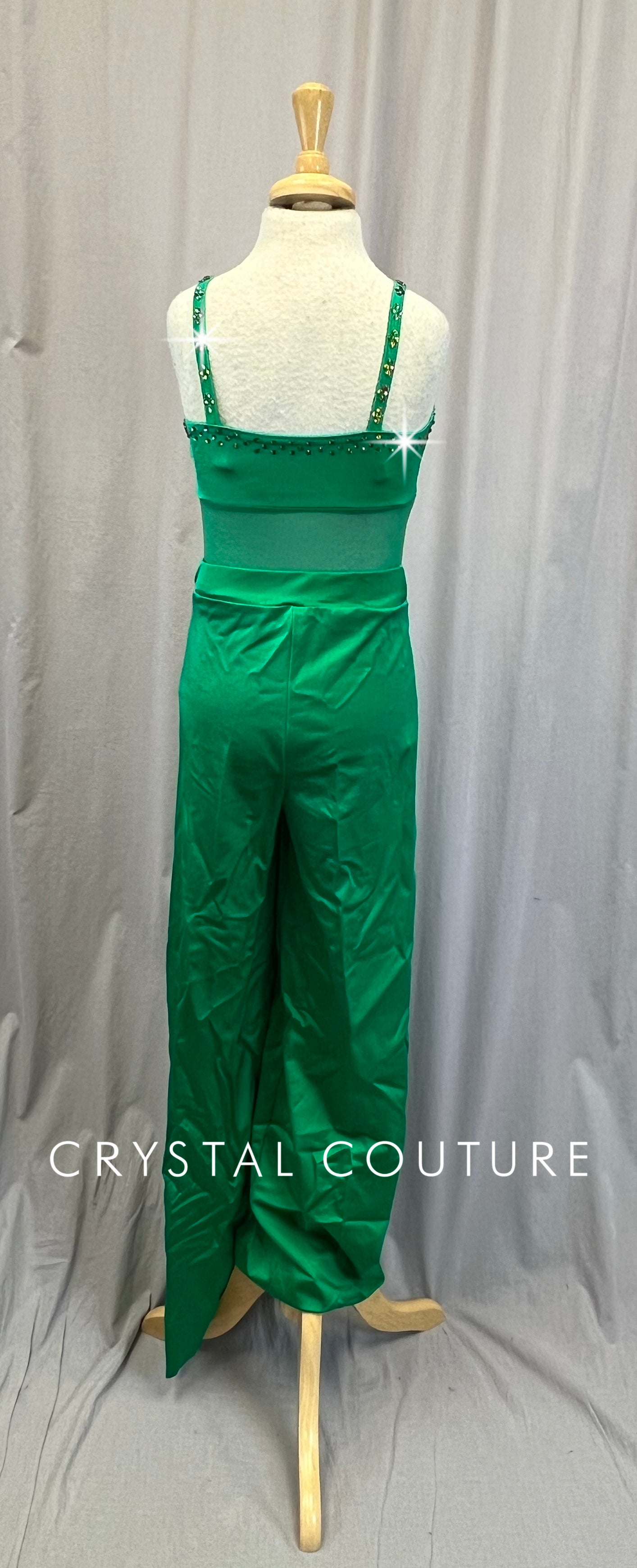 Green Lycra and Mesh Leotard with Buttons, Green High Waisted Pants - Rhinestones