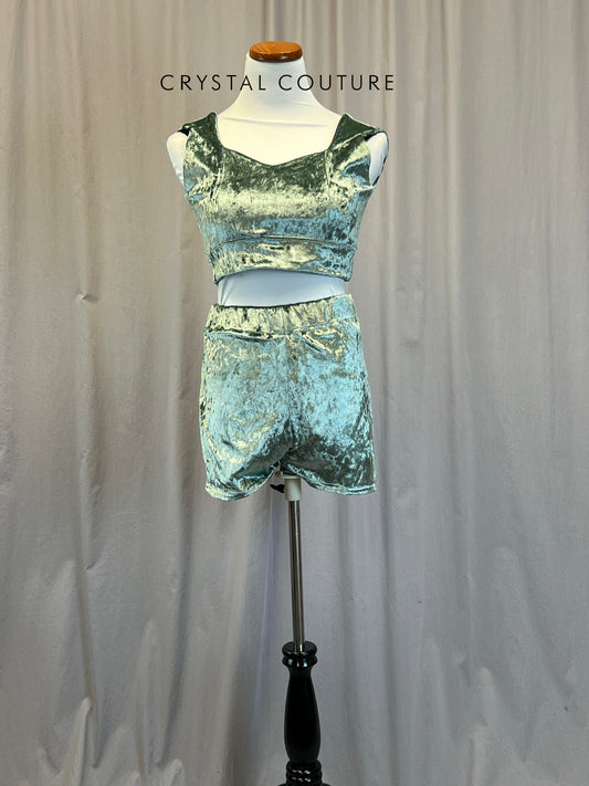 Mint Crushed Velvet Crop Top and Shorts Two Piece