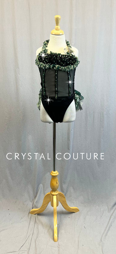 Black & Green Corseted Leotard with Ruffled Skirt - Swarovski Rhinestones