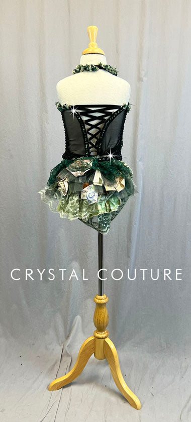 Black & Green Corseted Leotard with Ruffled Skirt - Swarovski Rhinestones