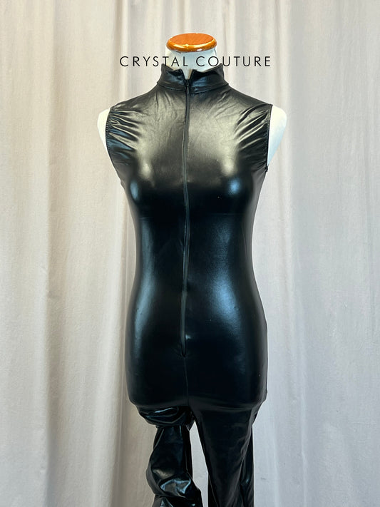 Black Shiny Nylon Mock Neck Front Zip Unitard