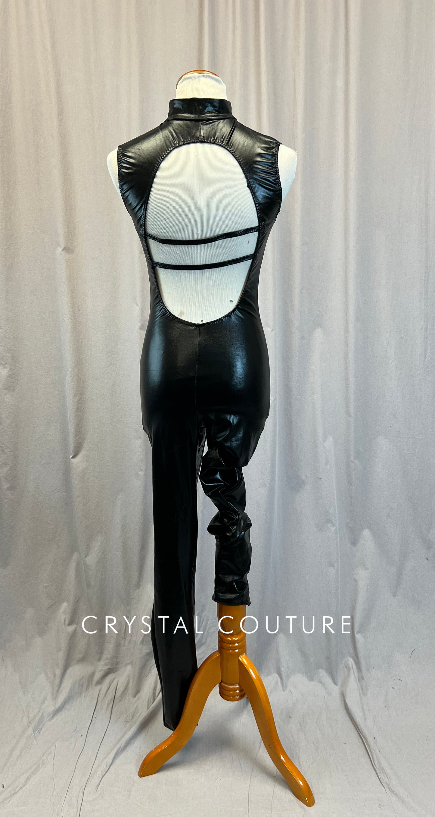 Black Shiny Nylon Mock Neck Front Zip Unitard