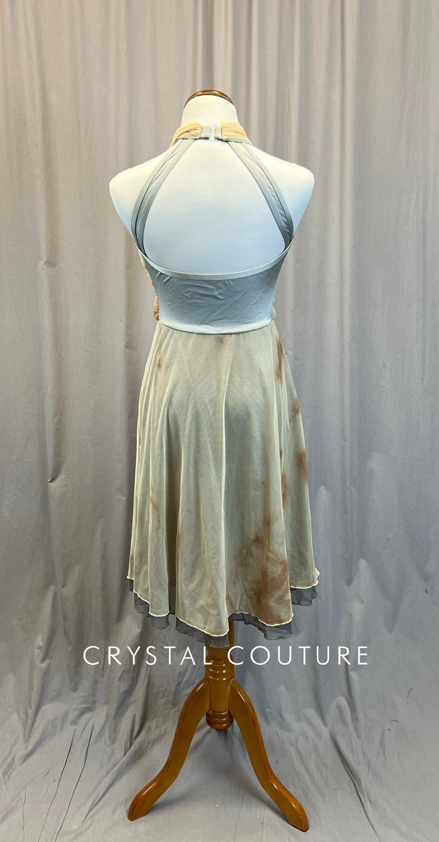 Silver Mock Neck Leotard with Cream/Tan Mesh Skirt, and Draping.