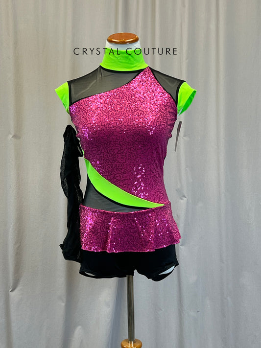 Pink, Black, and Green Sequin and Mesh Biketard - accessories