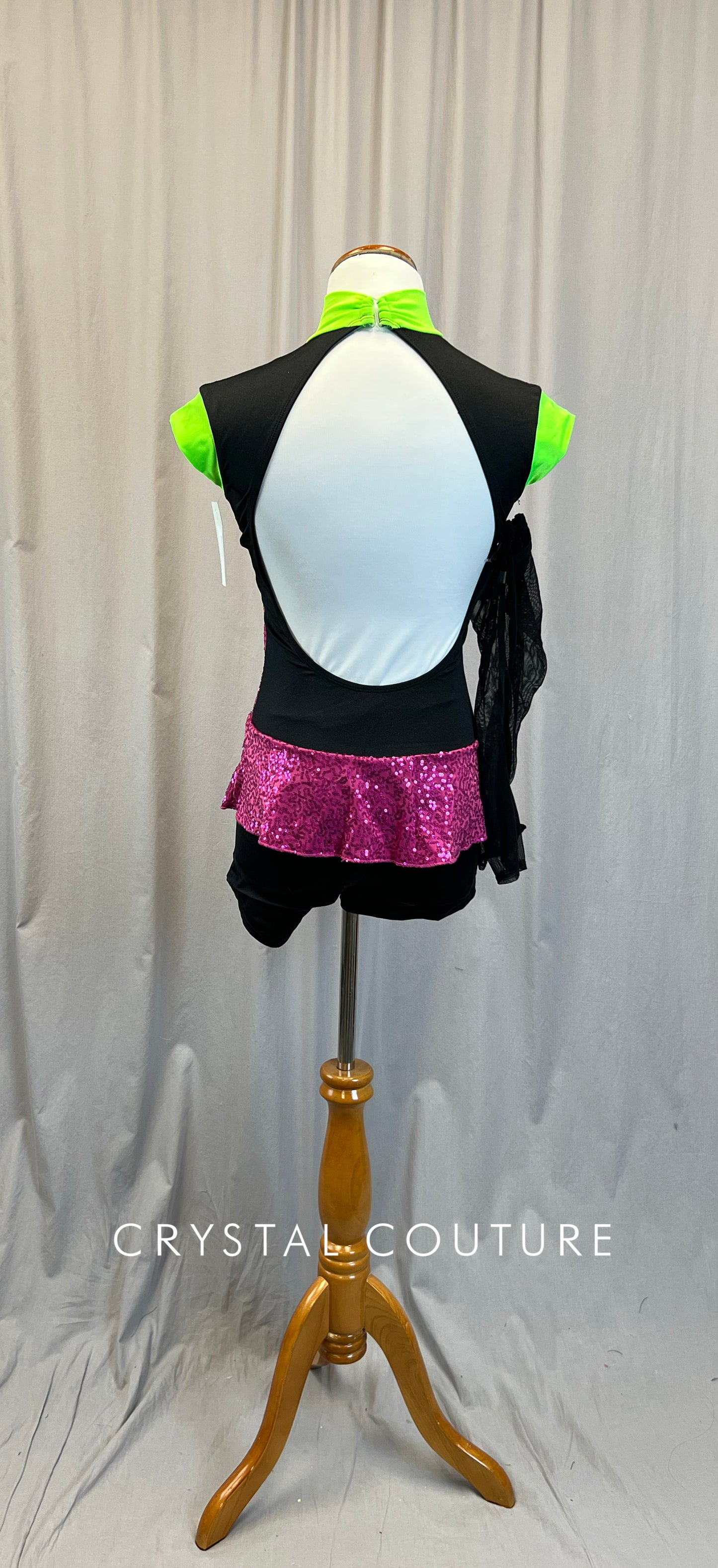 Pink, Black, and Green Sequin and Mesh Biketard - accessories