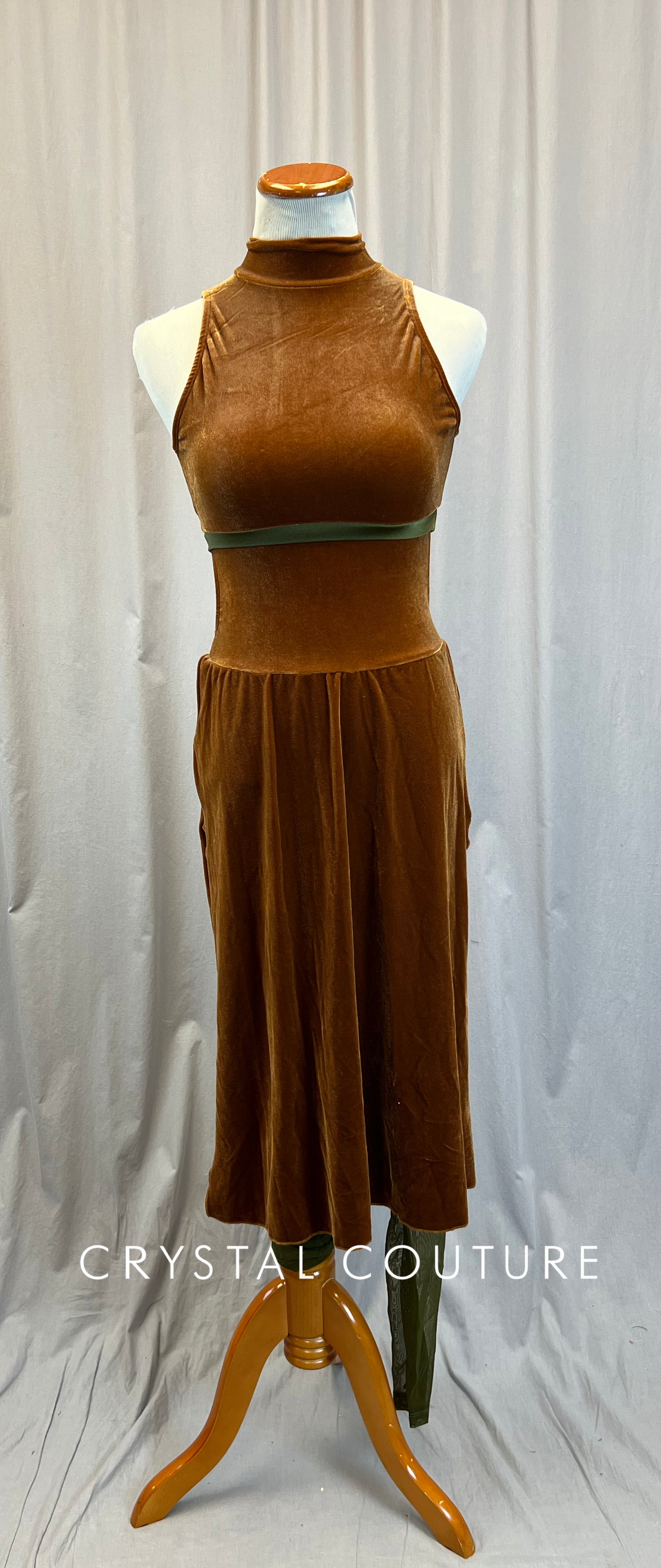 maxi dress leggings Brown Velour Long Dress Over Green Mesh Leggings