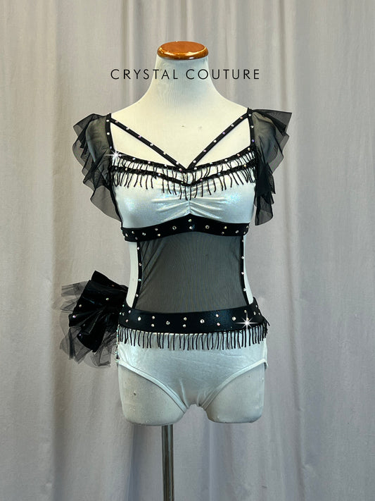 Silver and Black Mesh Strappy Leotard - Rhinestones