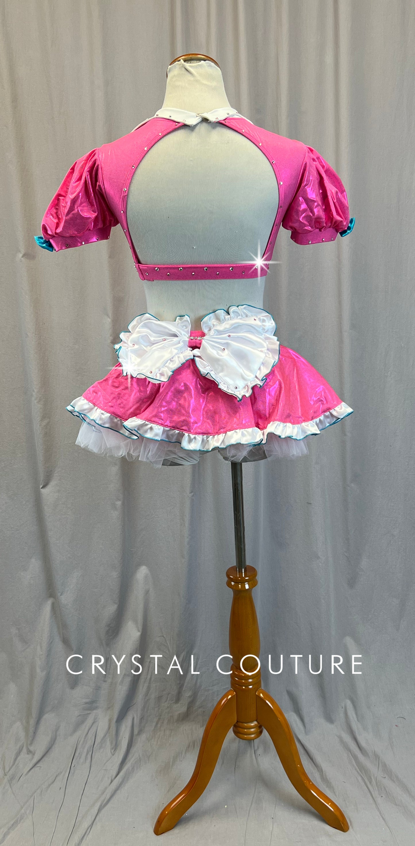 Pink Puff Sleeve Bra Top and Tutu Skirt Two-Piece Set - Rhinestones