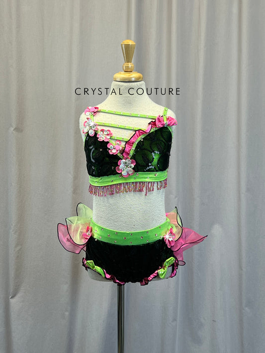 Pink, Green, and Black with Beaded and Floral Accents Two-Piece.