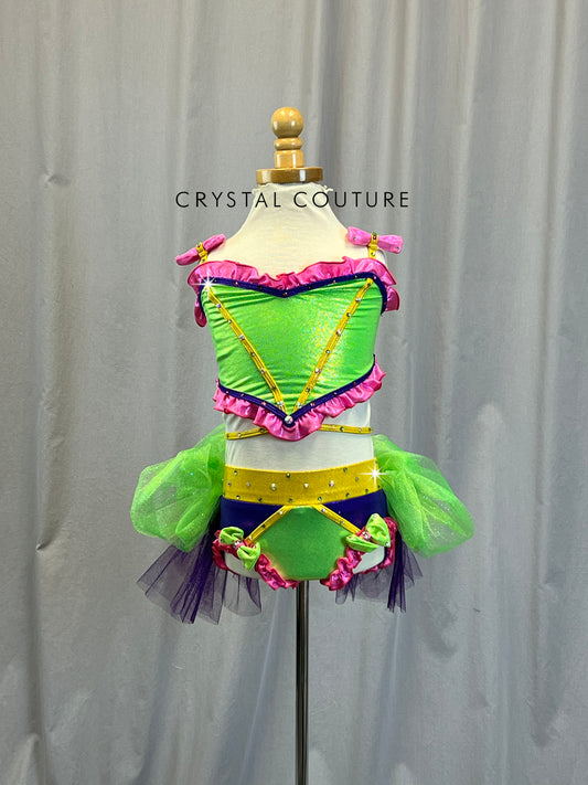 Green, Purple, Pink Heart Shaped Two-Piece Set - Rhinestones