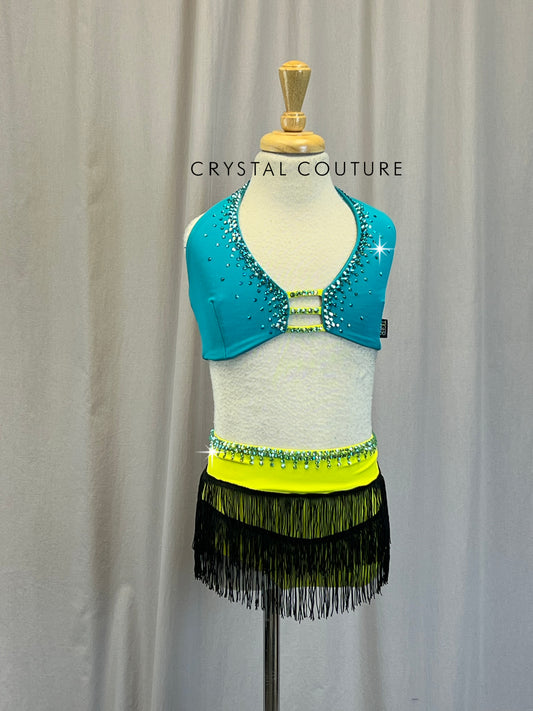 Teal and Lime Halter Top and Fringe Skirt Two Piece Set - Rhinestones