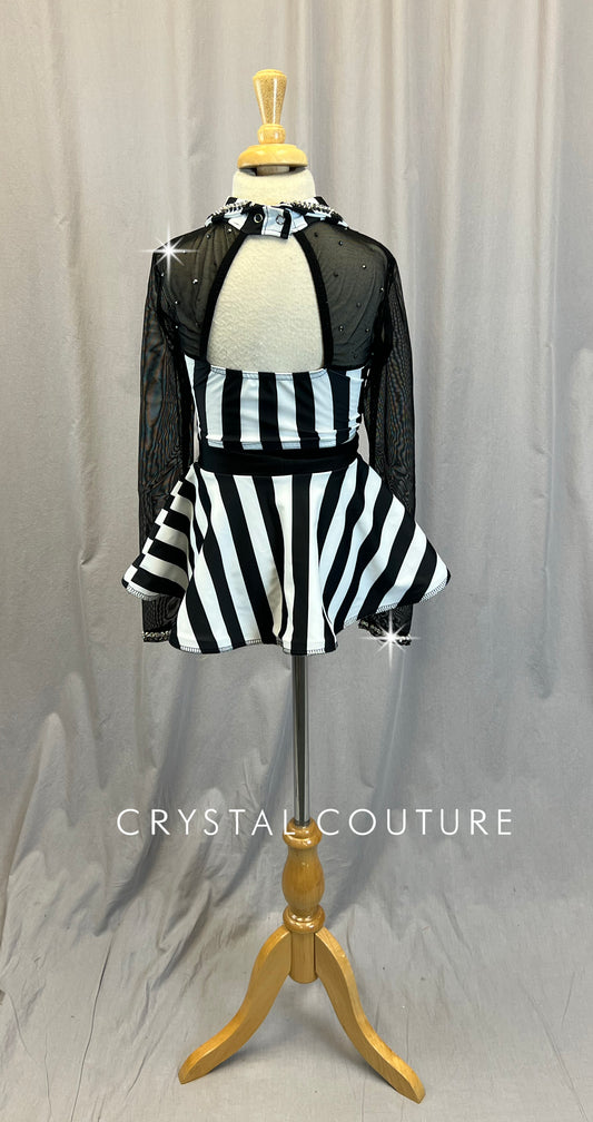 Black and White Striped Long Sleeve Crop Top and Skirt Three Piece Set - Rhinestones