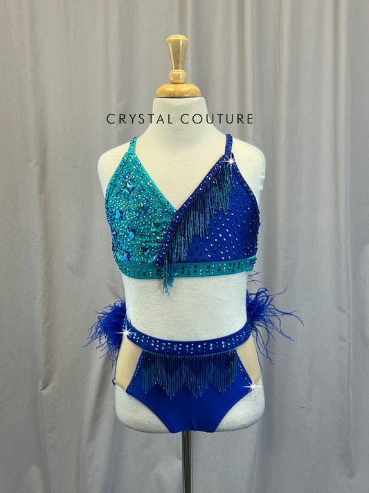 Blue + Teal Strappy Feather Leotard - Rhinestones