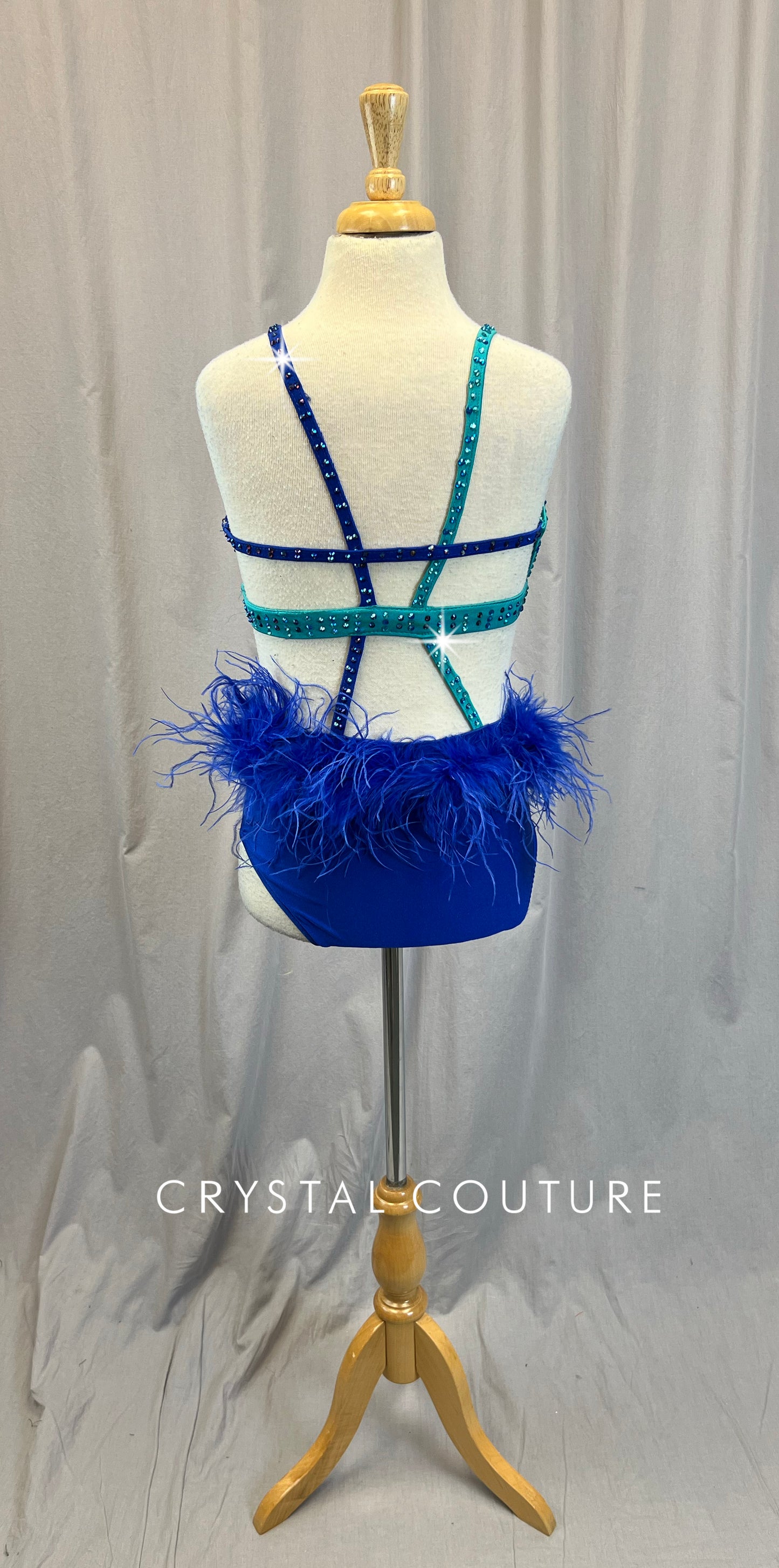 Blue + Teal Strappy Feather Leotard - Rhinestones