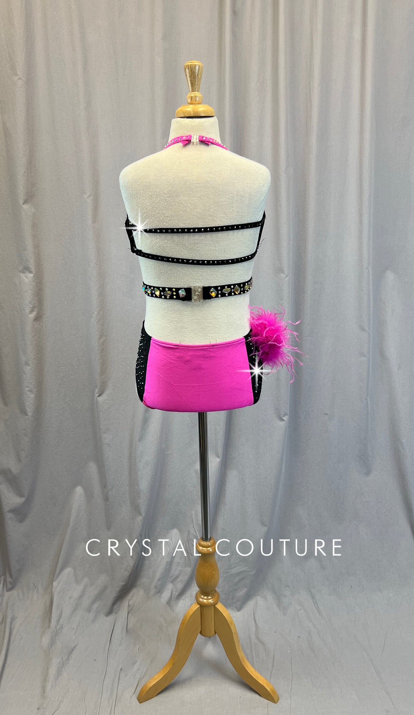 Pink and Black Gemstone Belt Leotard - Rhinestones