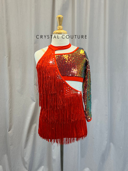 Red Fringe and Sequin Asymmetrical Two Piece Set - Rhinestones
