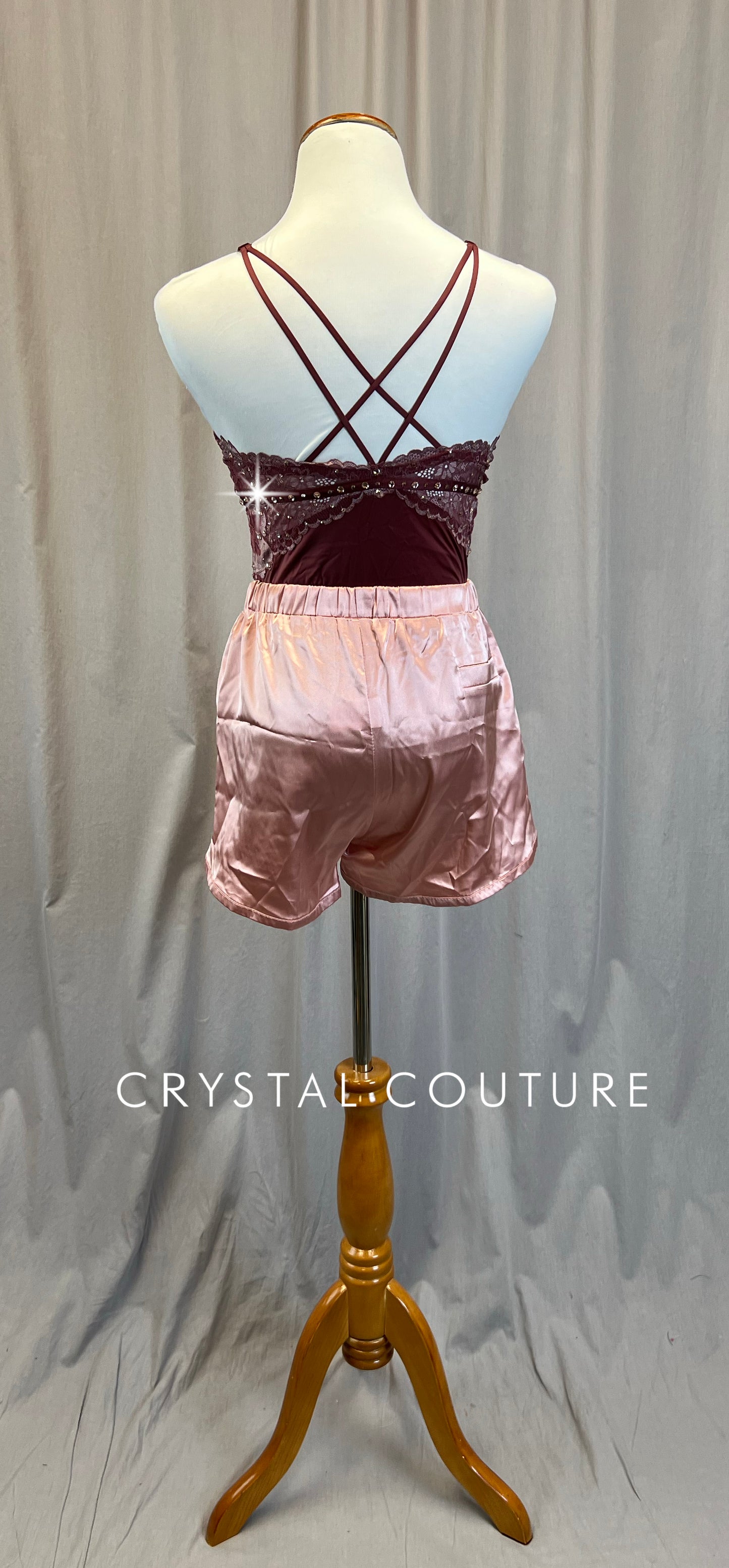 Custom Plum Lace Leotard with Satin Shorts Three-Piece Set